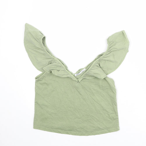Zara Womens Green 100% Cotton Basic Tank Size M V-Neck