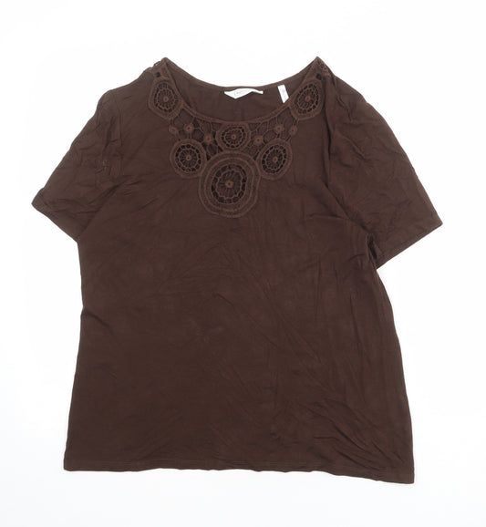 Nightingales Womens Brown Viscose Basic T-Shirt Size 16 Round Neck - Crochet Detail