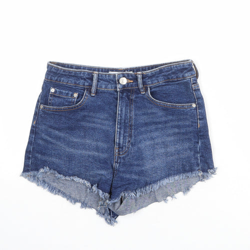 Zara Womens Blue Cotton Boyfriend Shorts Size 8 L3 in Regular Zip - Raw Hems