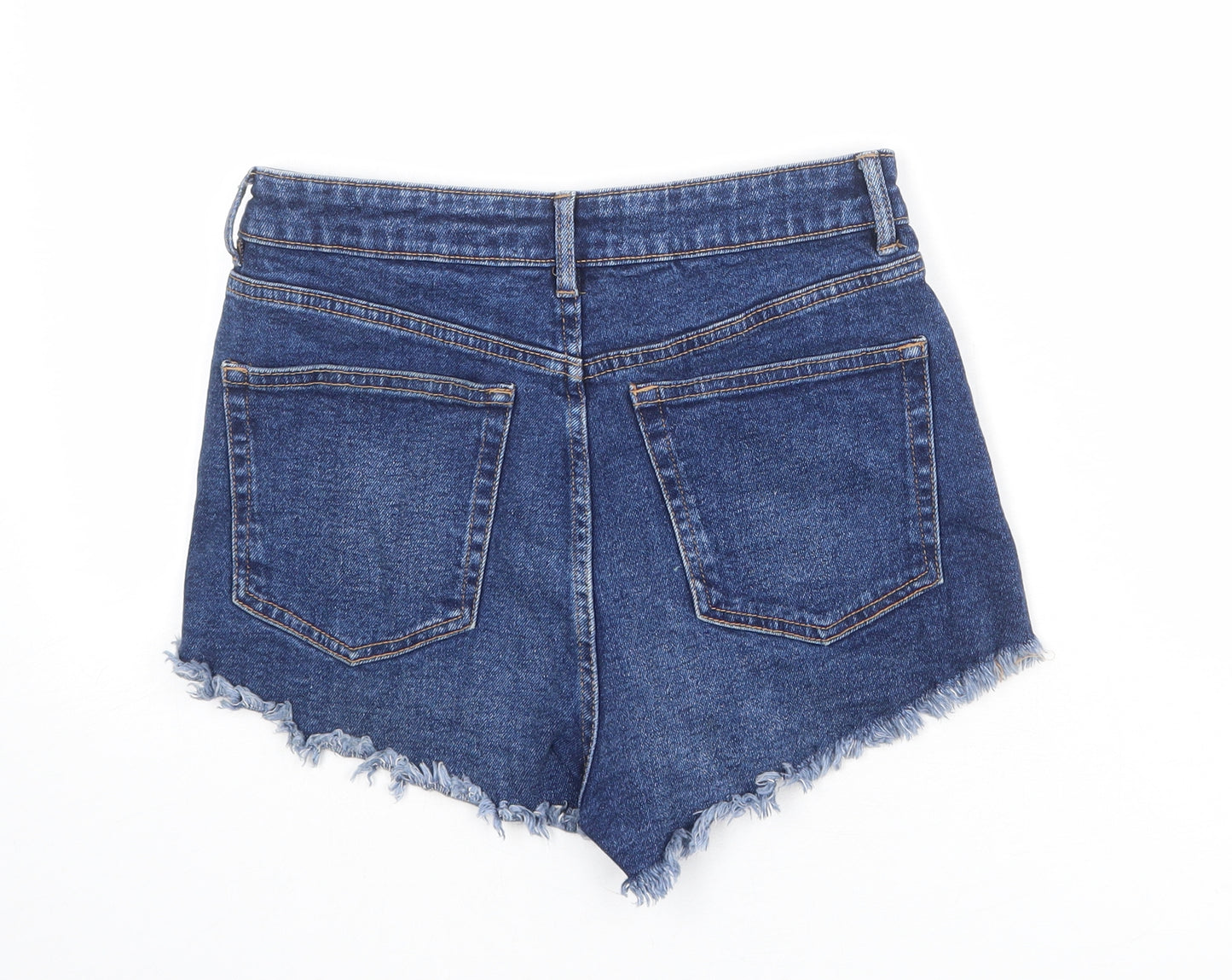 Zara Womens Blue Cotton Boyfriend Shorts Size 8 L3 in Regular Zip - Raw Hems