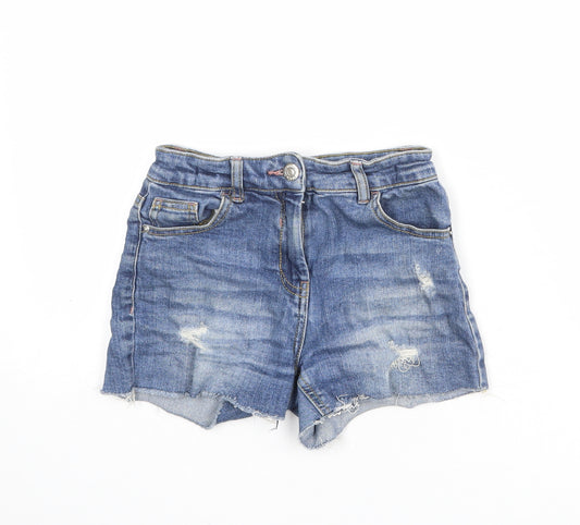 Matalan Girls Blue Cotton Boyfriend Shorts Size 9 Years L3 in Regular Zip - Distressed Look