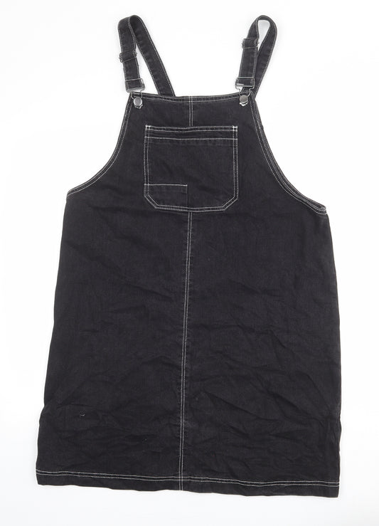 TU Womens Black Cotton Pinafore/Dungaree Dress Size 14 Square Neck Buckle