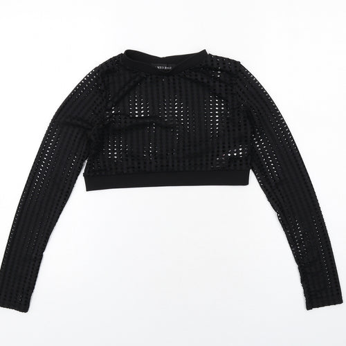 Cameo Rose Womens Black Polyester Cropped Blouse Size 10 Crew Neck - Perforated Cut Out