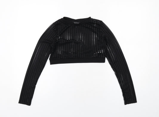 Cameo Rose Womens Black Polyester Cropped Blouse Size 10 Crew Neck - Perforated Cut Out
