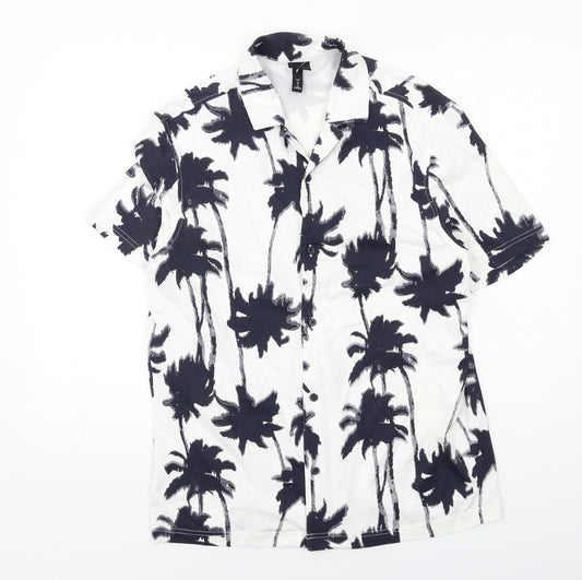 H&M Mens White Geometric Cotton Button-Up Size M Collared Button - Palm Tree Print