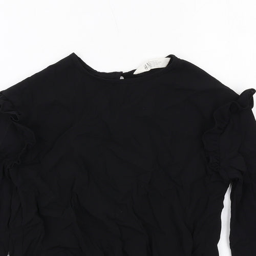 H&M Girls Black Polyester Basic Blouse Size 9-10 Years Round Neck Button
