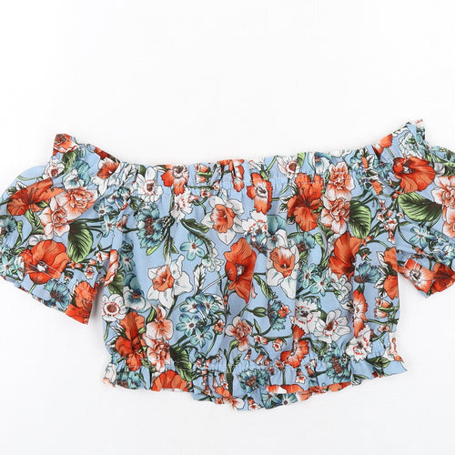 Boohoo Womens Blue Floral Polyester Cropped Blouse Size 10 Off the Shoulder