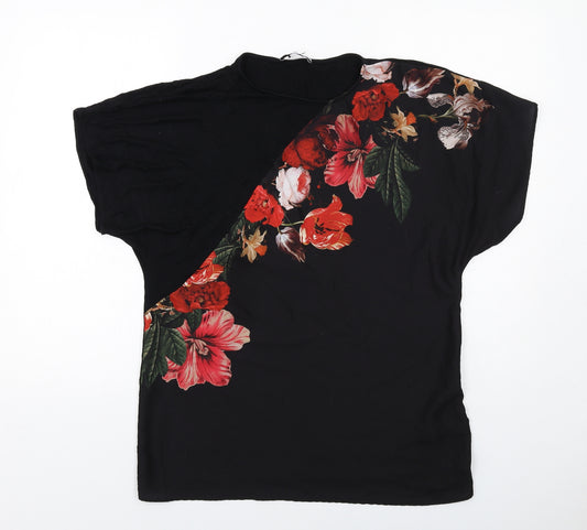 Per Una Womens Black Floral Viscose Basic T-Shirt Size 12 Crew Neck