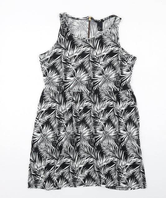 H&M Womens Black Geometric Cotton Tank Dress Size L Round Neck Zip - Leaf pattern
