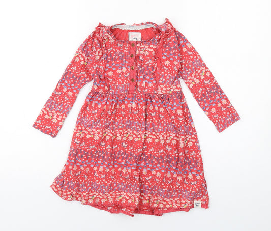 MANTARAY PRODUCTS Girls Red Floral Cotton A-Line Size 3-4 Years Boat Neck Button