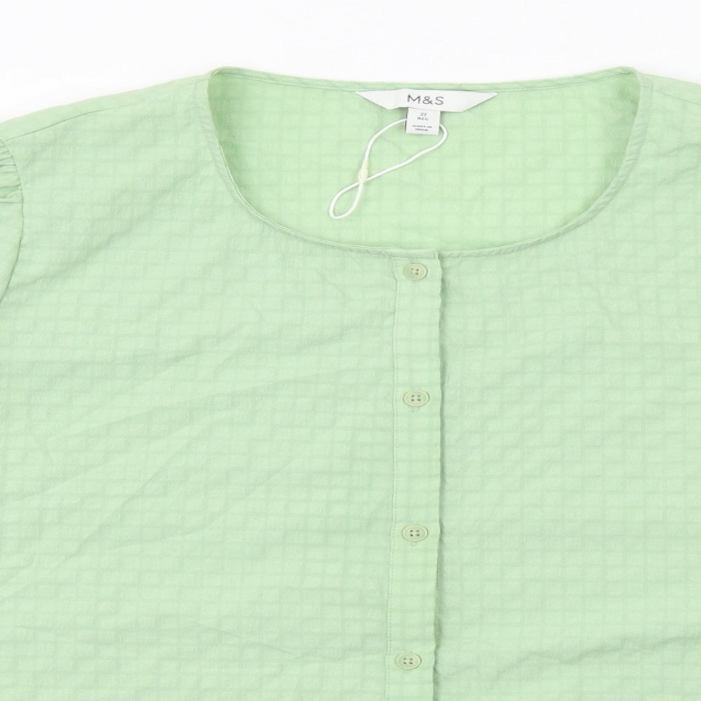 Marks and Spencer Womens Green Check Polyester Basic Button-Up Size 22 Round Neck