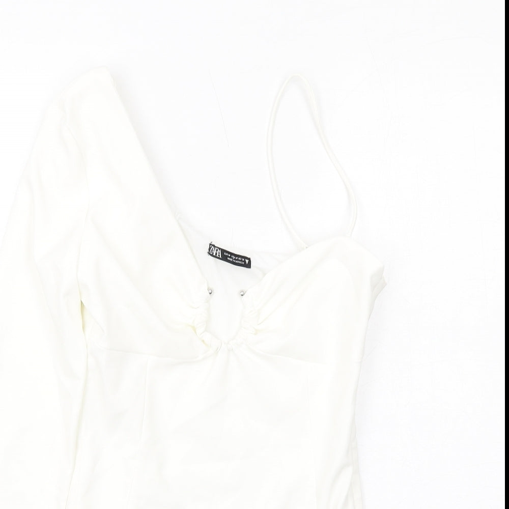 Zara Womens White Polyester Bodysuit One-Piece Size M Zip
