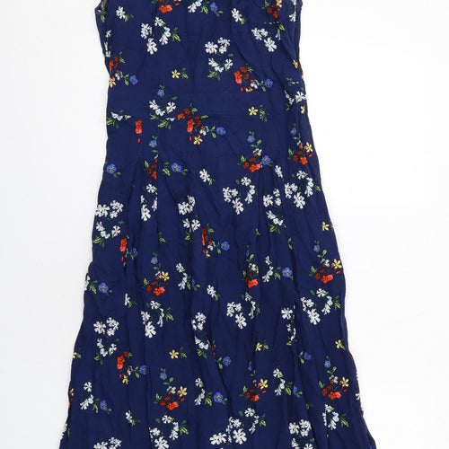 Warehouse Womens Blue Floral Viscose A-Line Size 14 Round Neck Zip