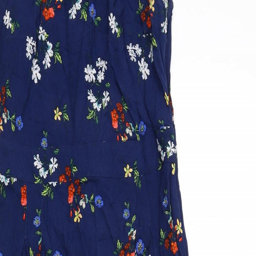 Warehouse Womens Blue Floral Viscose A-Line Size 14 Round Neck Zip