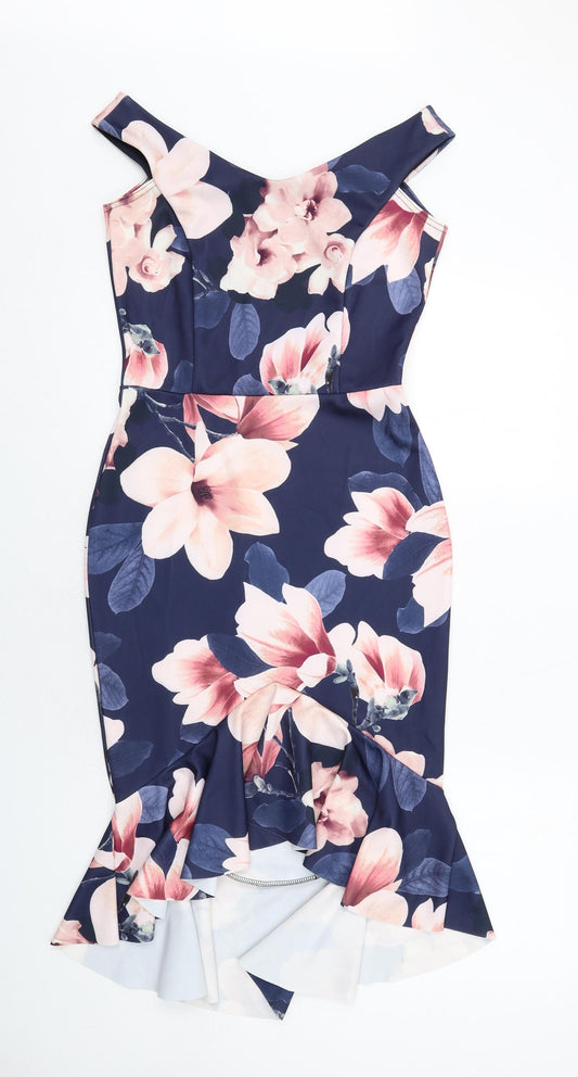Quiz Womens Blue Floral Polyester Bodycon Size 10 V-Neck Pullover