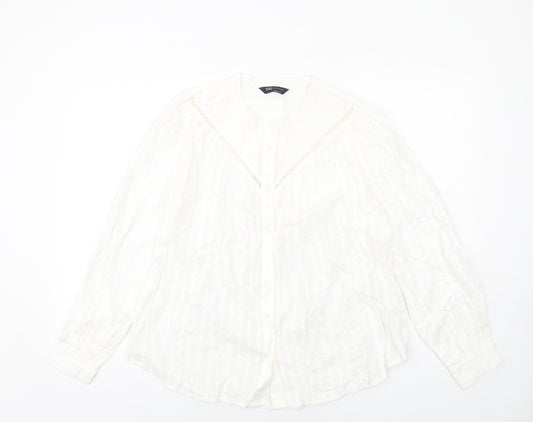 Marks and Spencer Womens White Cotton Basic Button-Up Size 8 Round Neck