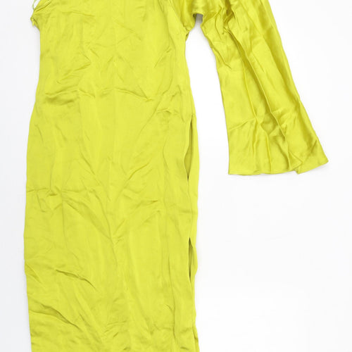 Zara Womens Yellow Viscose Bodycon Size L One Shoulder Zip