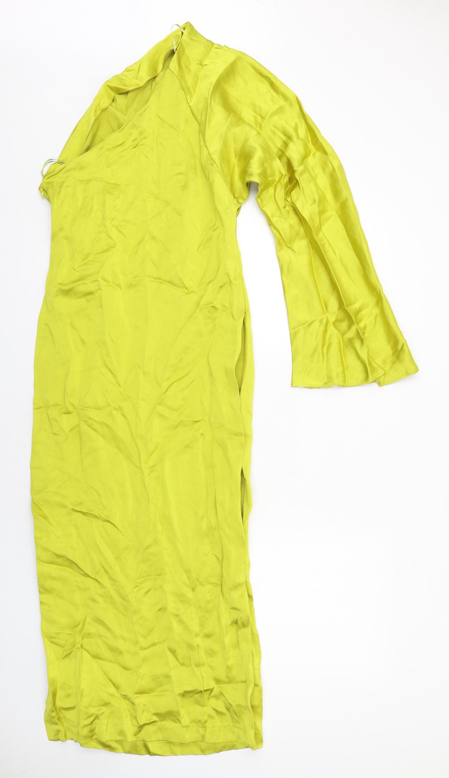 Zara Womens Yellow Viscose Bodycon Size L One Shoulder Zip