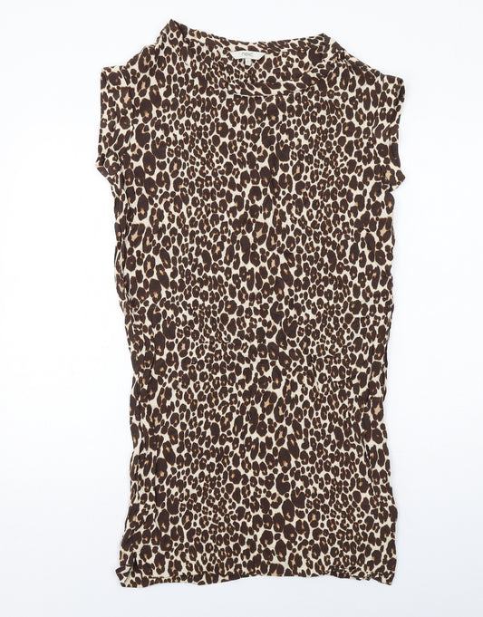 NEXT Womens Beige Animal Print Viscose T-Shirt Dress Size 8 Round Neck Pullover - Leopard Print