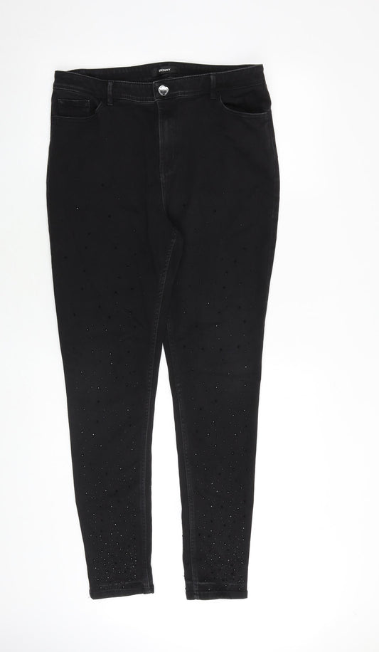Per Una Womens Black Cotton Skinny Jeans Size 14 L30 in Slim Zip - Embellished