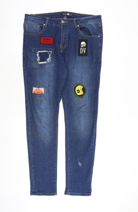 Boohoo Mens Blue Cotton Skinny Jeans Size 34 in L31 in Regular Zip - Badges Detail