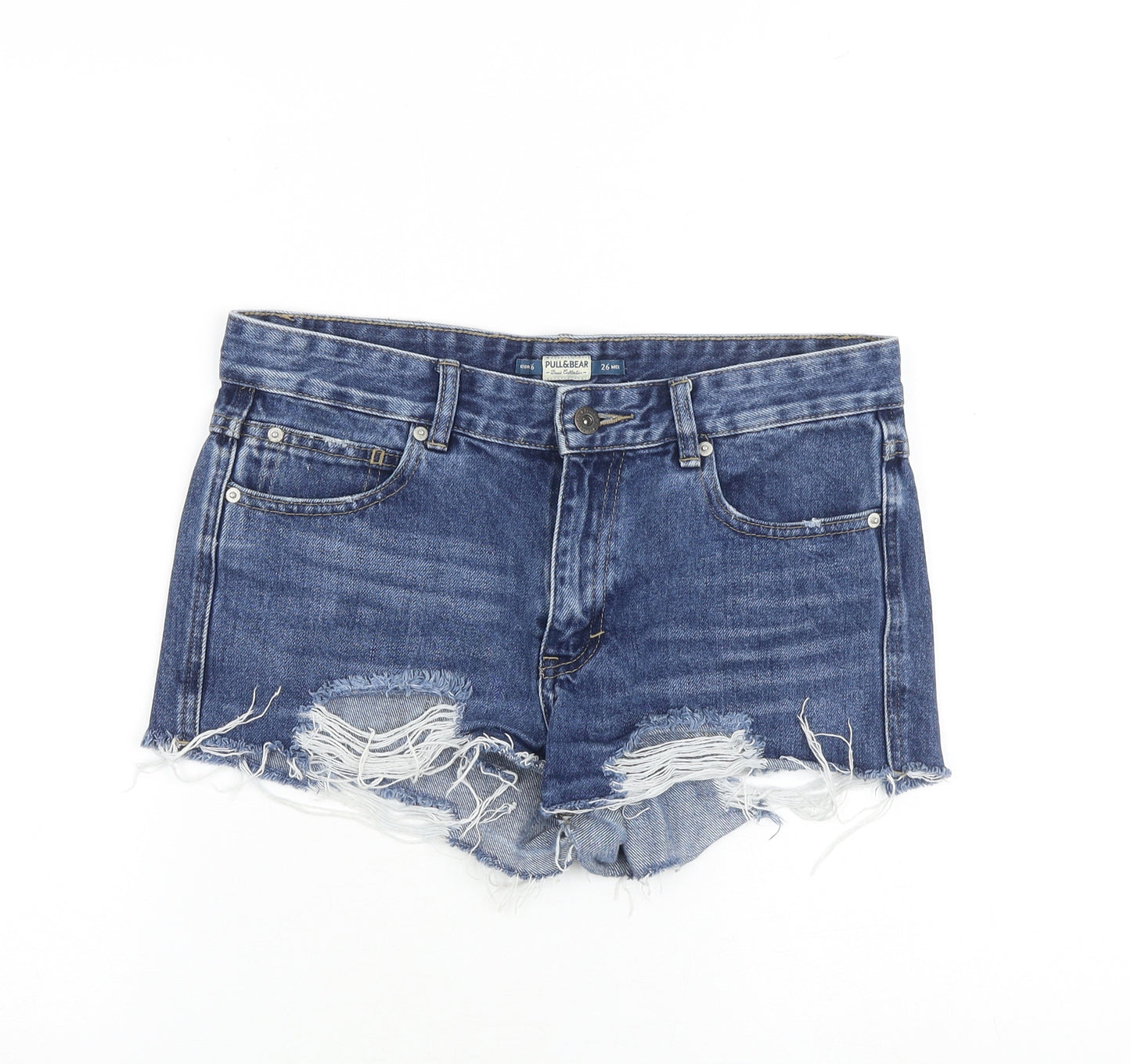 Pull&Bear Womens Blue 100% Cotton Cut-Off Shorts Size 8 Regular Zip - Distressed