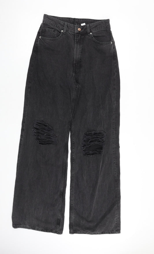 H&M Womens Grey Cotton Wide-Leg Jeans Size 10 L32 in Regular Zip