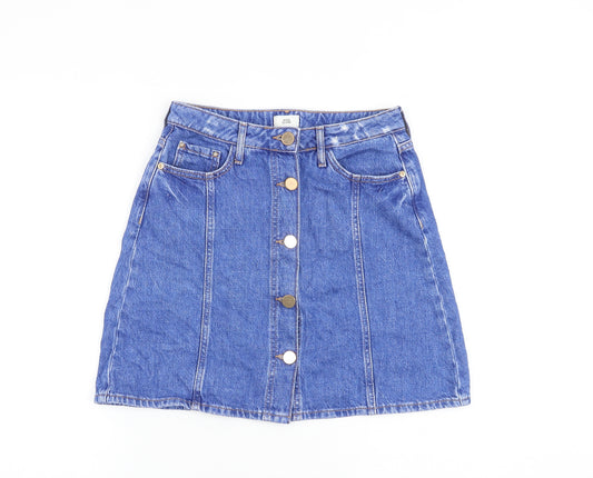 River Island Womens Blue Cotton A-Line Skirt Size 8 Button