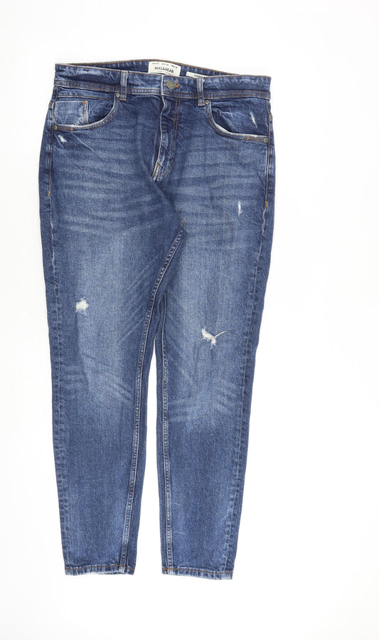 Pull&Bear Womens Blue Cotton Skinny Jeans Size 14 L29 in Regular Zip