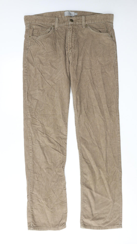 Marks and Spencer Mens Beige Cotton Trousers Size 34 in L33 in Regular Zip