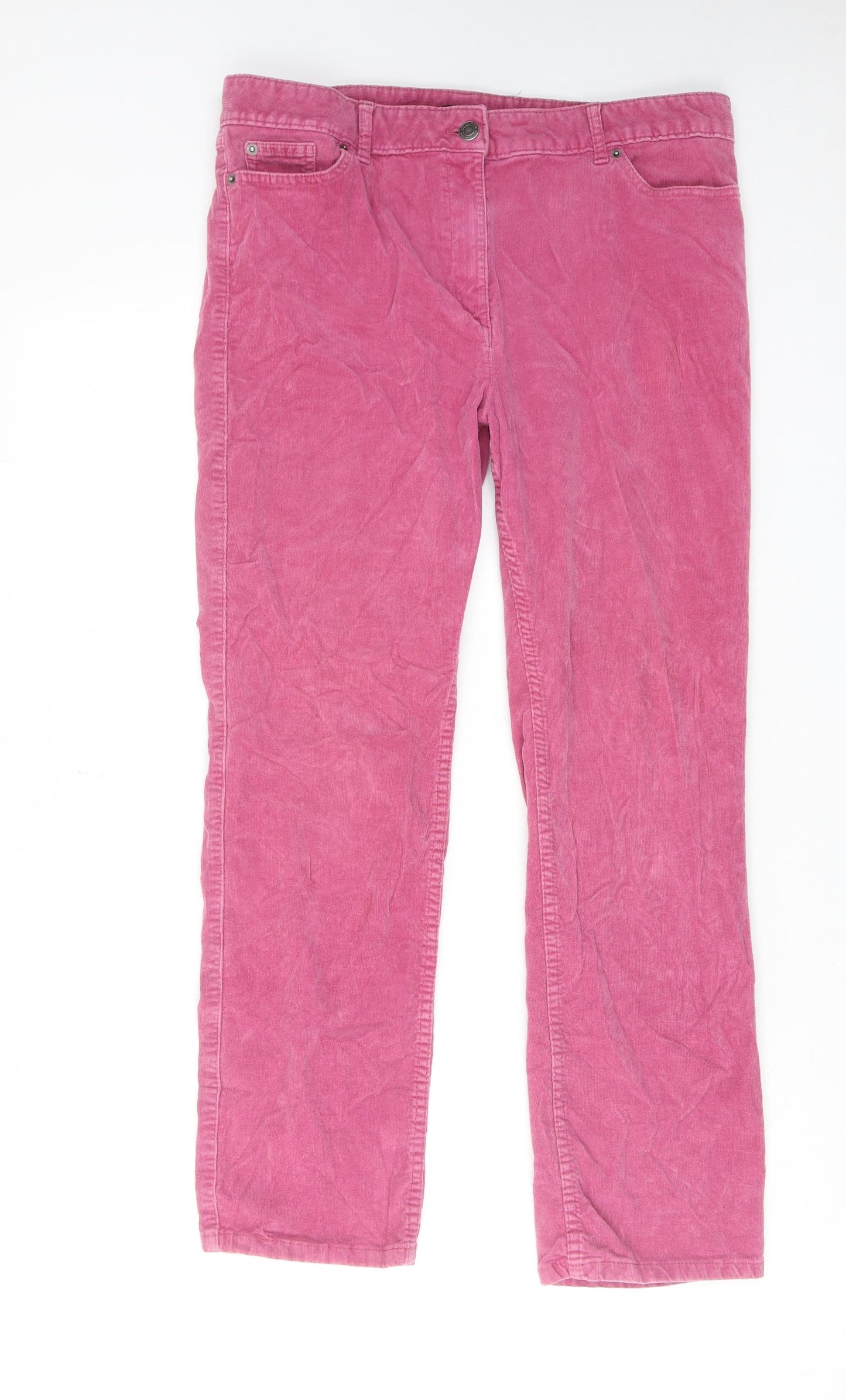 Marks and Spencer Womens Pink Cotton Trousers Size 14 L28 in Regular Zip