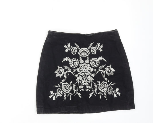 Topshop Womens Black Floral Cotton Mini Skirt Size 8 Zip
