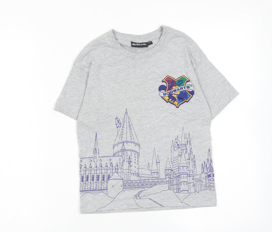 Harry Potter Boys Grey Cotton Basic T-Shirt Size 5-6 Years Round Neck Pullover - Hogwarts