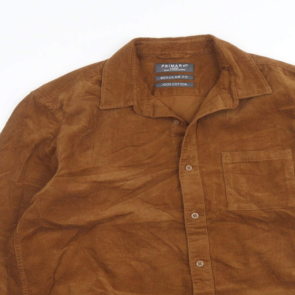 Primark Mens Brown Cotton Button-Up Size L Collared Button