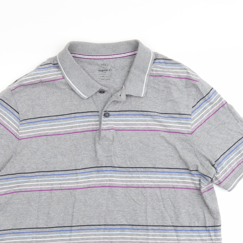 Marks and Spencer Mens Grey Striped Cotton Polo Size M Collared Button