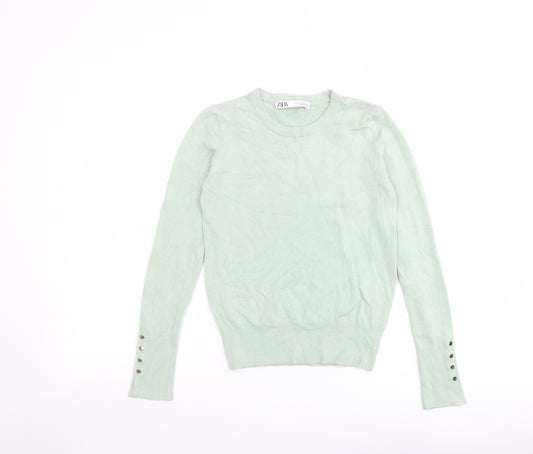 Zara Womens Green Round Neck Viscose Pullover Jumper Size S