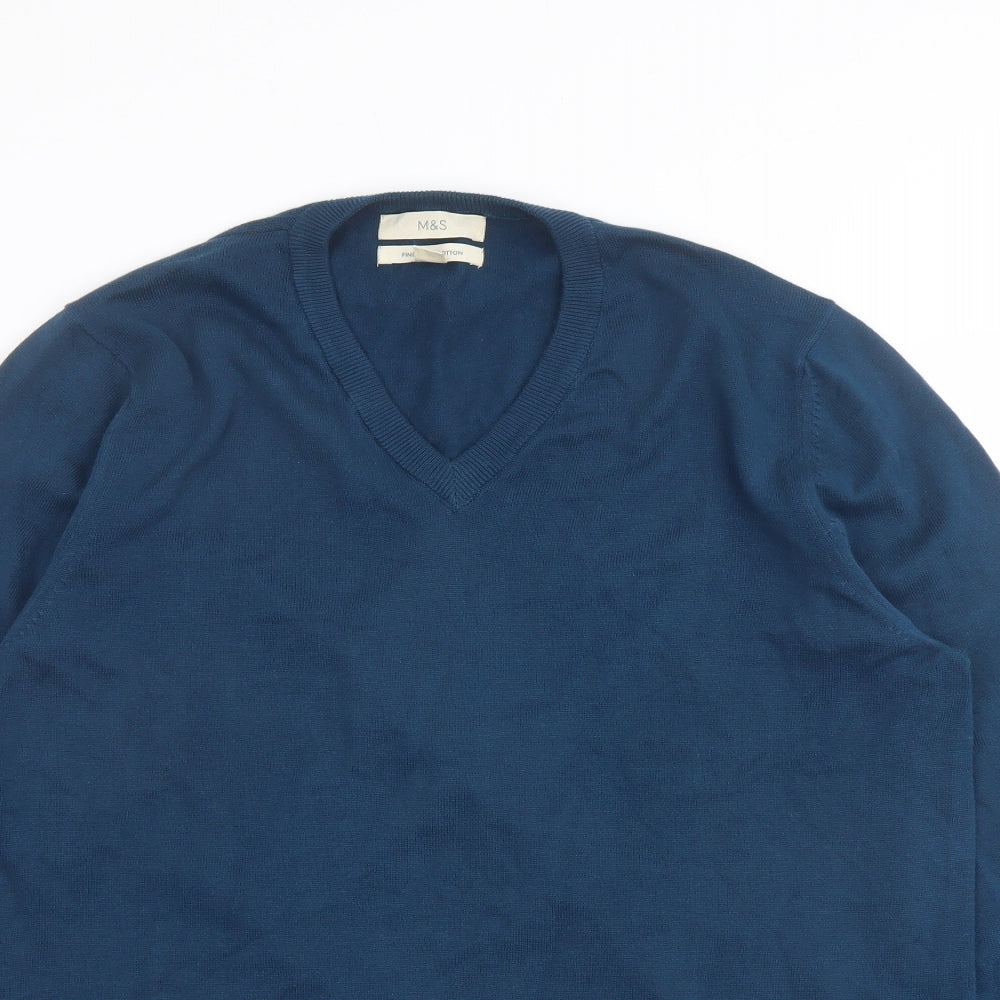 Marks and Spencer Mens Blue V-Neck Cotton Pullover Jumper Size L 3/4 Sleeve