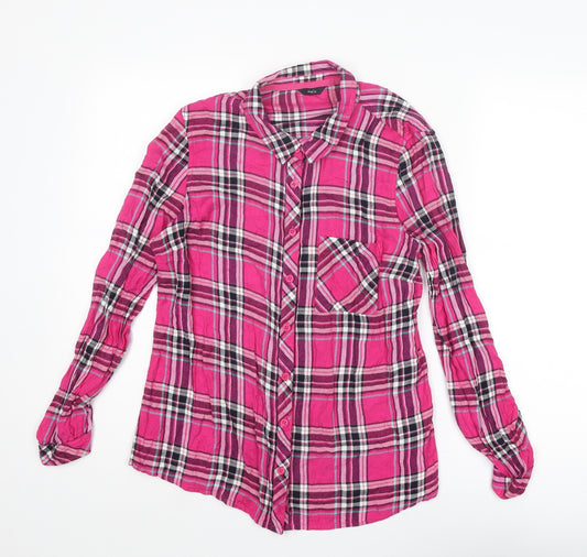 M&Co Womens Pink Plaid Viscose Basic Button-Up Size 12 Collared