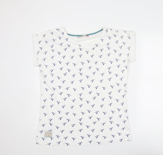 Brakeburn Womens White Geometric Cotton Basic T-Shirt Size 14 Boat Neck - Bird Print