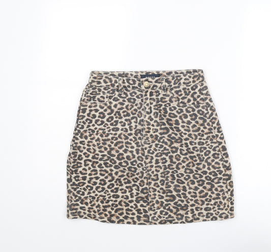 Precis Womens Beige Animal Print Cotton A-Line Skirt Size M Zip - Leopard pattern