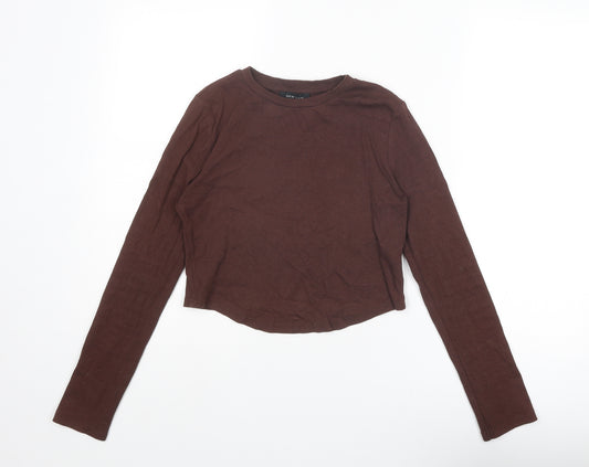 New Look Womens Brown Cotton Cropped T-Shirt Size 12 Crew Neck