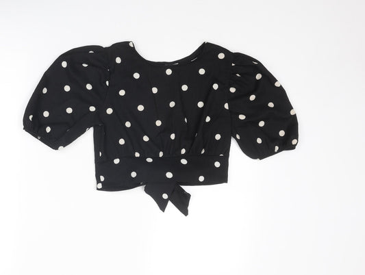 H&M Womens Black Polka Dot Polyester Cropped Blouse Size XS Boat Neck - Tie Back Detail