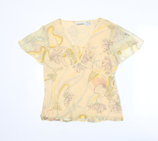 New York City Design Co. Womens Yellow Floral Silk Basic Blouse Size M V-Neck - Butterfly Sleeves