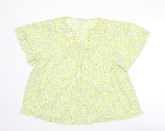 NEXT Womens Yellow Floral Cotton Basic Blouse Size 16 V-Neck