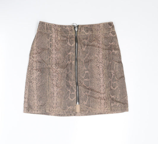 Topshop Womens Brown Animal Print Cotton A-Line Skirt Size 8 Zip