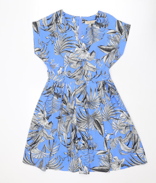 Dorothy Perkins Womens Blue Floral Polyester A-Line Size 10 V-Neck Zip