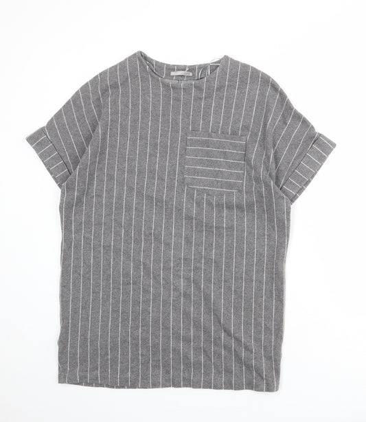 Zara Womens Grey Striped Cotton Basic T-Shirt Size S Round Neck