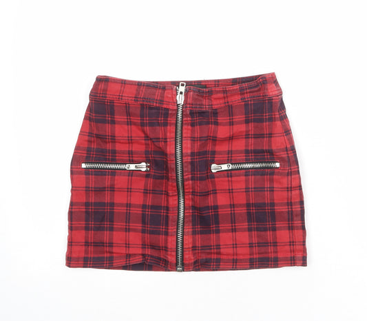 Mango Womens Red Plaid Cotton Mini Skirt Size 6 Zip
