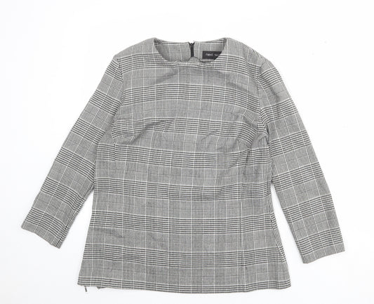 NEXT Womens Grey Plaid Polyester Basic Blouse Size 14 Round Neck