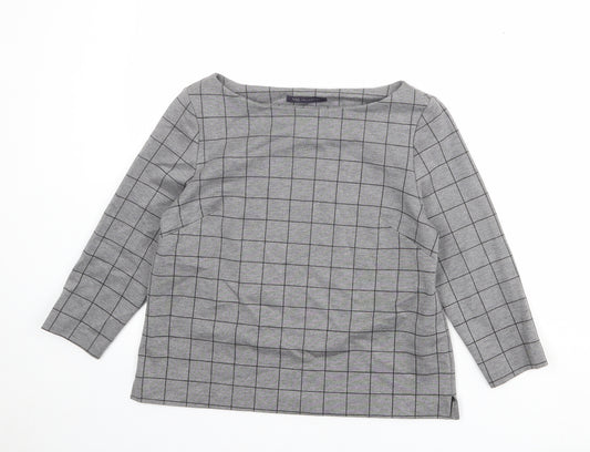 Marks and Spencer Womens Grey Check Viscose Basic T-Shirt Size 12 Boat Neck